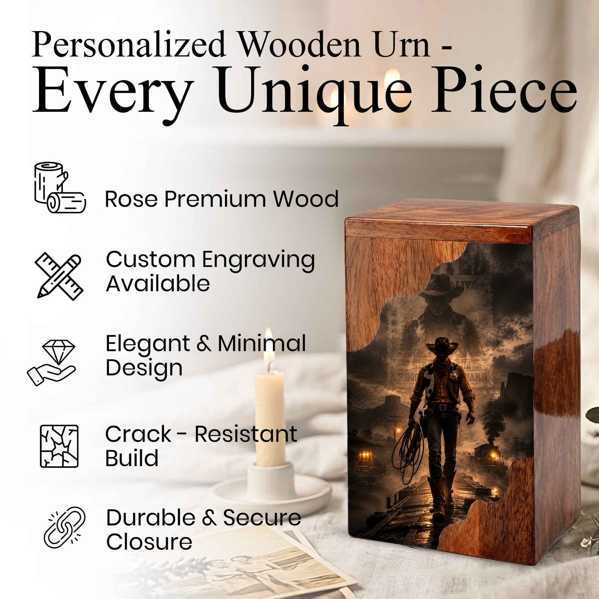Cowboy Wooden Cremation Urn for Human Ashes | Personalized Western Memorial Urn