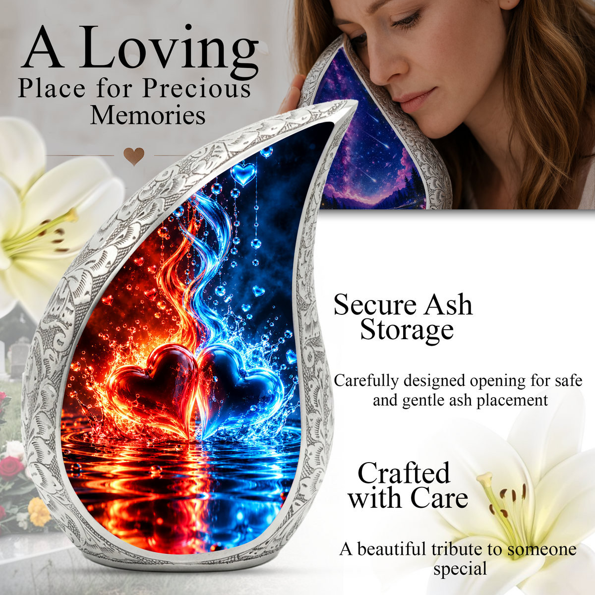 Heart Urn for Ashes, Red and Blue Hearts Aluminum Cremation Urn