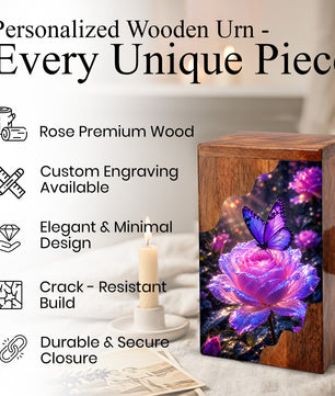 Purple Butterfly Rose Wooden Cremation Urn – Wooden Urn for Human Ashes