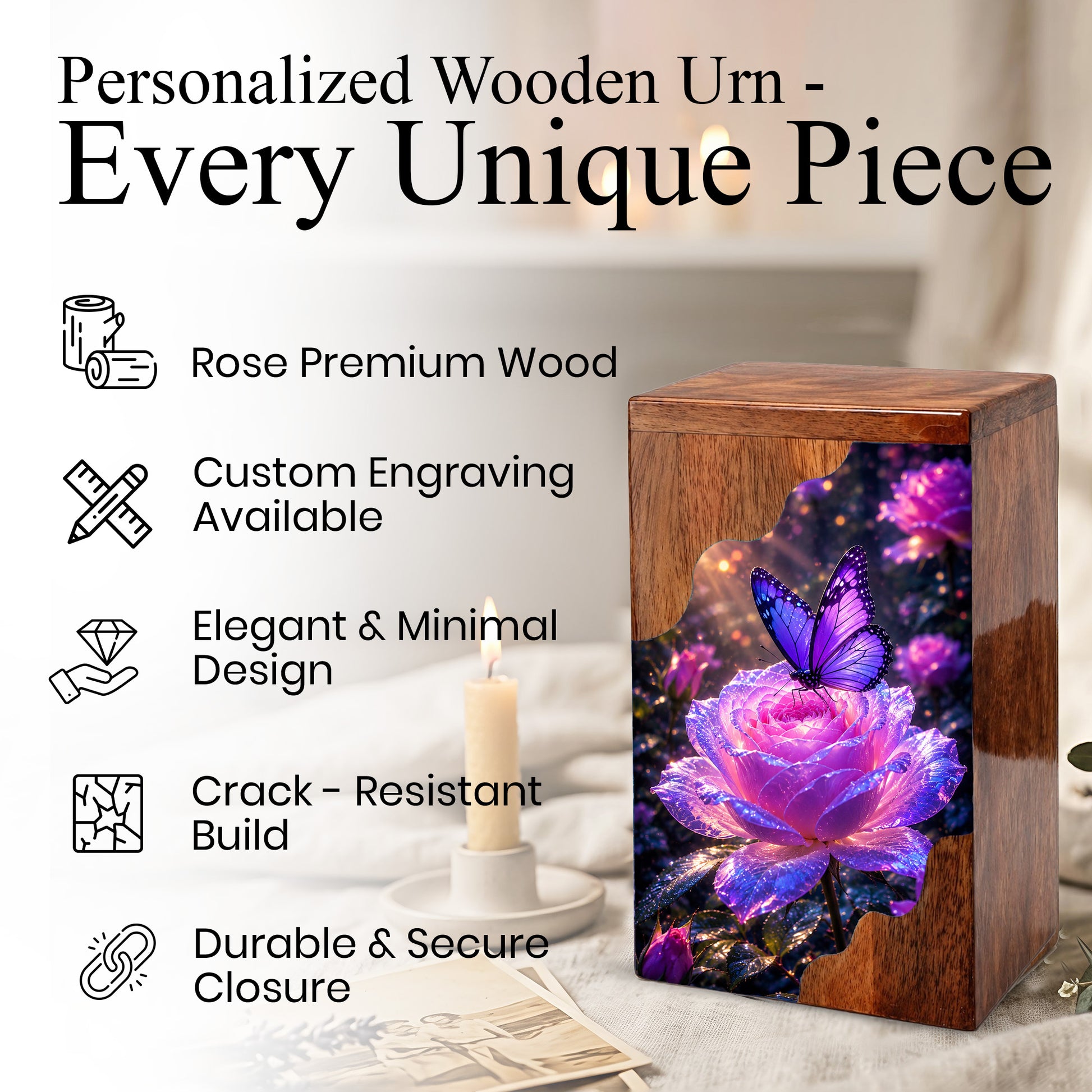 Purple Butterfly Rose Wooden Cremation Urn – Wooden Urn for Human Ashes