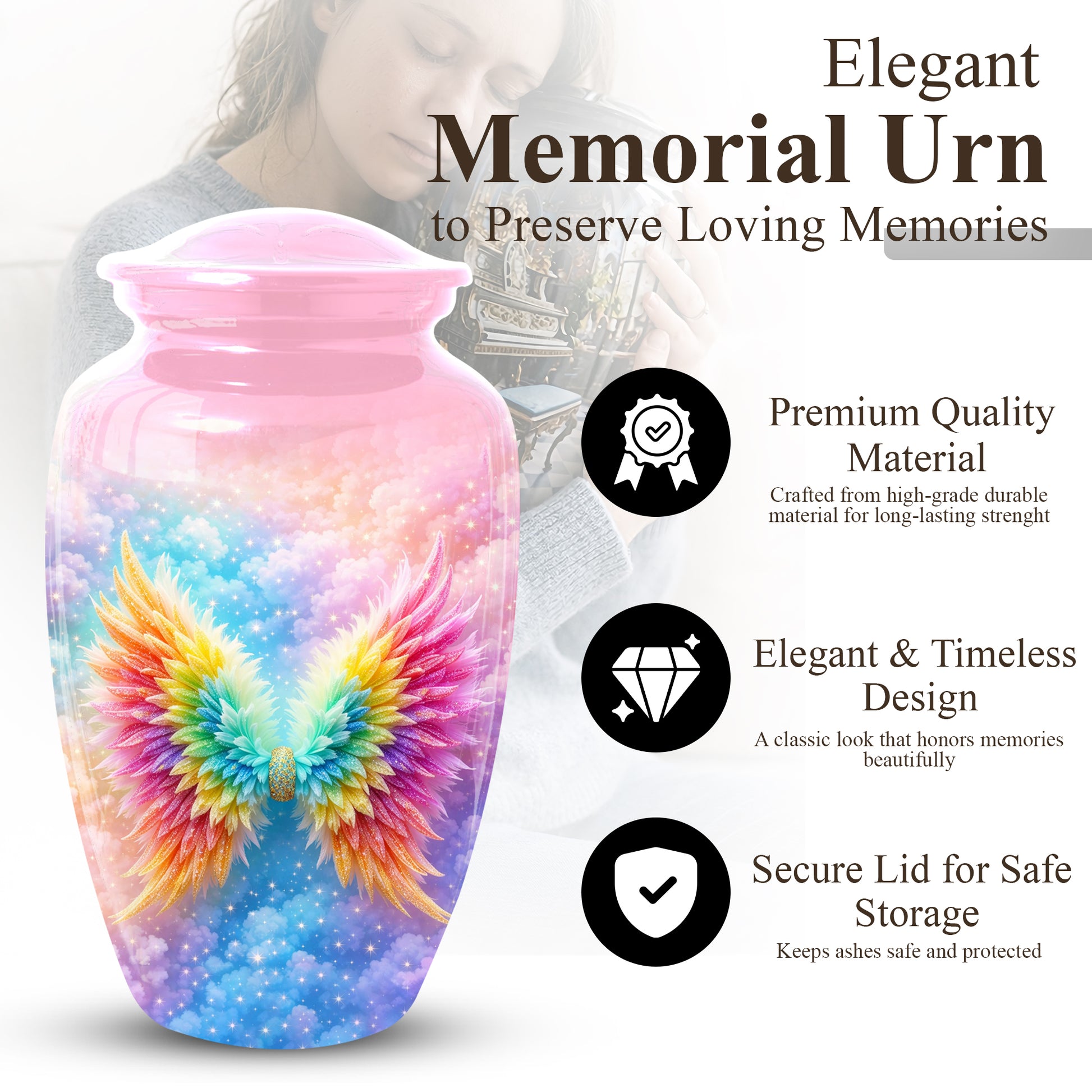 Angel Wings Urn for Mom, Rainbow Memorial Large Urn,Cremation Urn for Mama