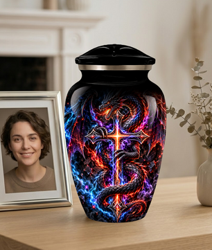 Adult Cremation Urn – Dragon & Cross Memorial Urn for Adult Ashes