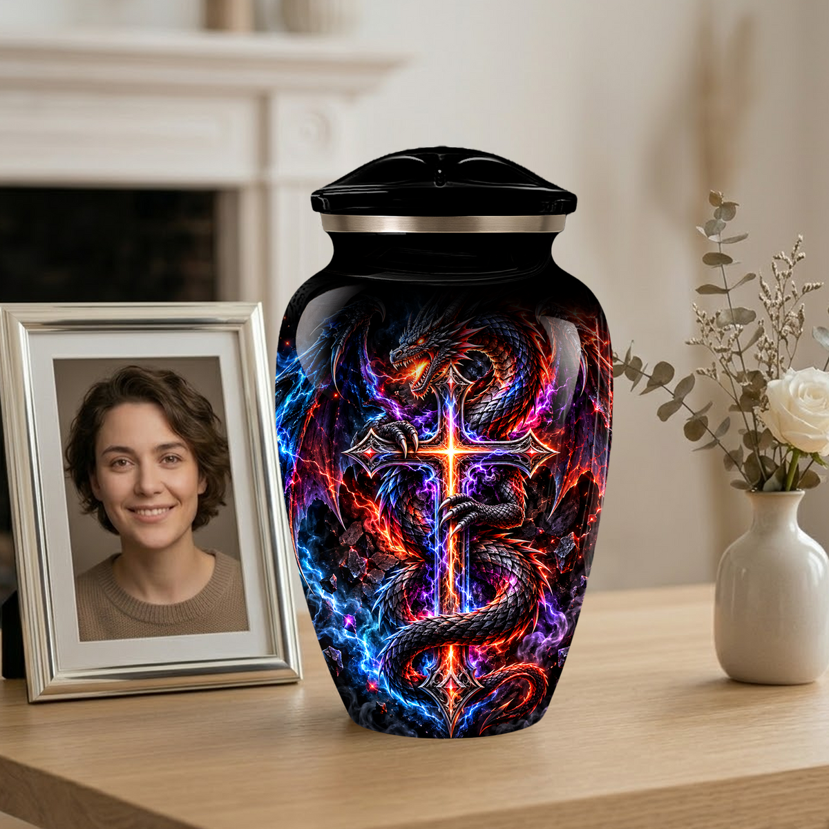 Adult Cremation Urn – Dragon & Cross Memorial Urn for Adult Ashes