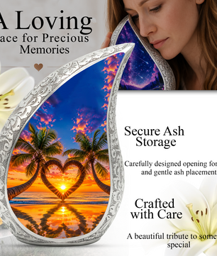 Palm Tree Heart Memorial Keepsake Urn for Mom – Personalized Cremation Urn for Human Ashes | Beach Sunset Memorial Urn