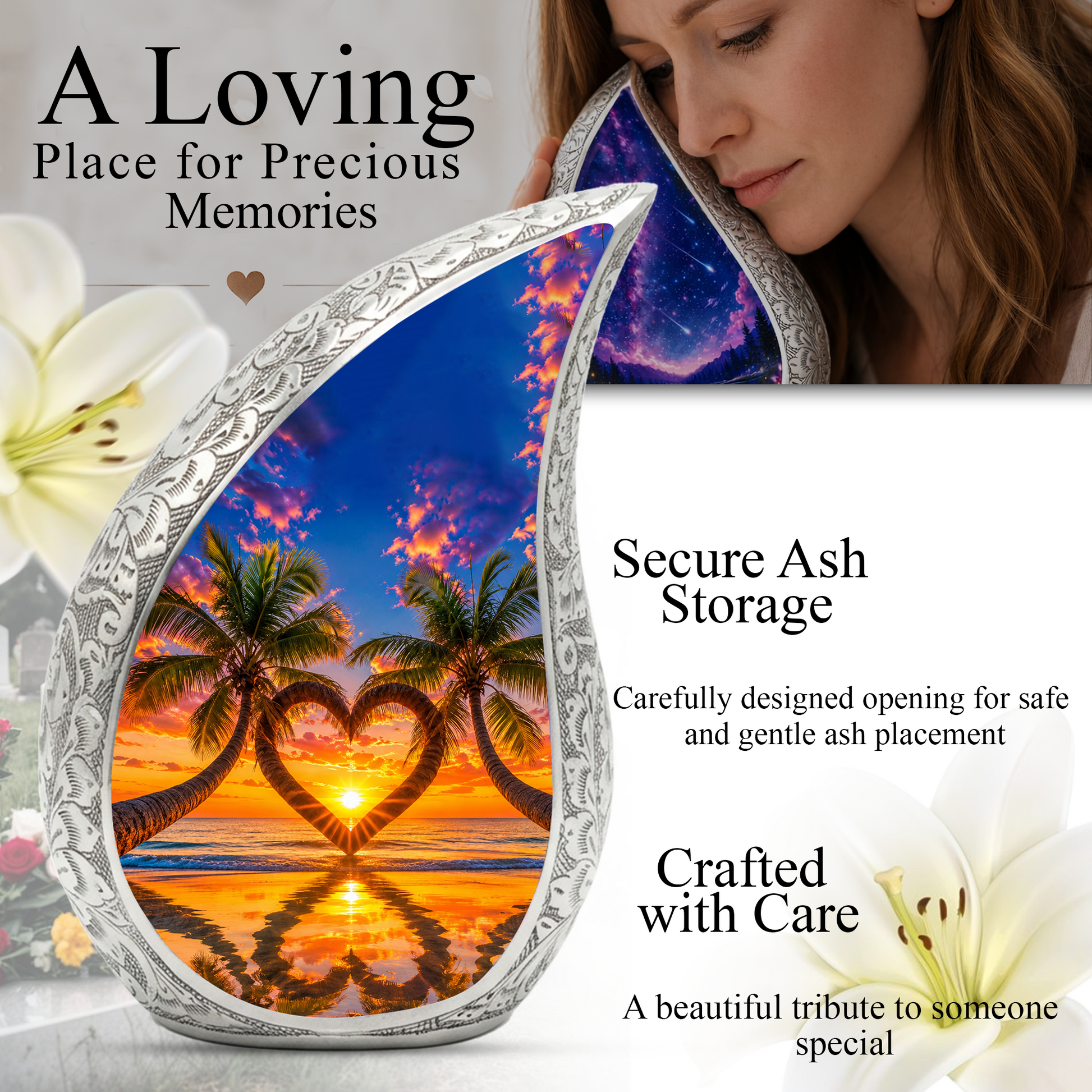 Palm Tree Heart Memorial Keepsake Urn for Mom – Personalized Cremation Urn for Human Ashes | Beach Sunset Memorial Urn