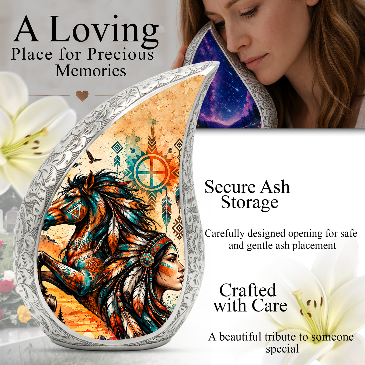 Native American Horse Urn for Ashes, Tribal Horse Cremation Urn
