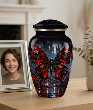 Gothic Butterfly Adult Urn for Ashes – Red & Black Skull Butterfly Cremation Urn for Adults