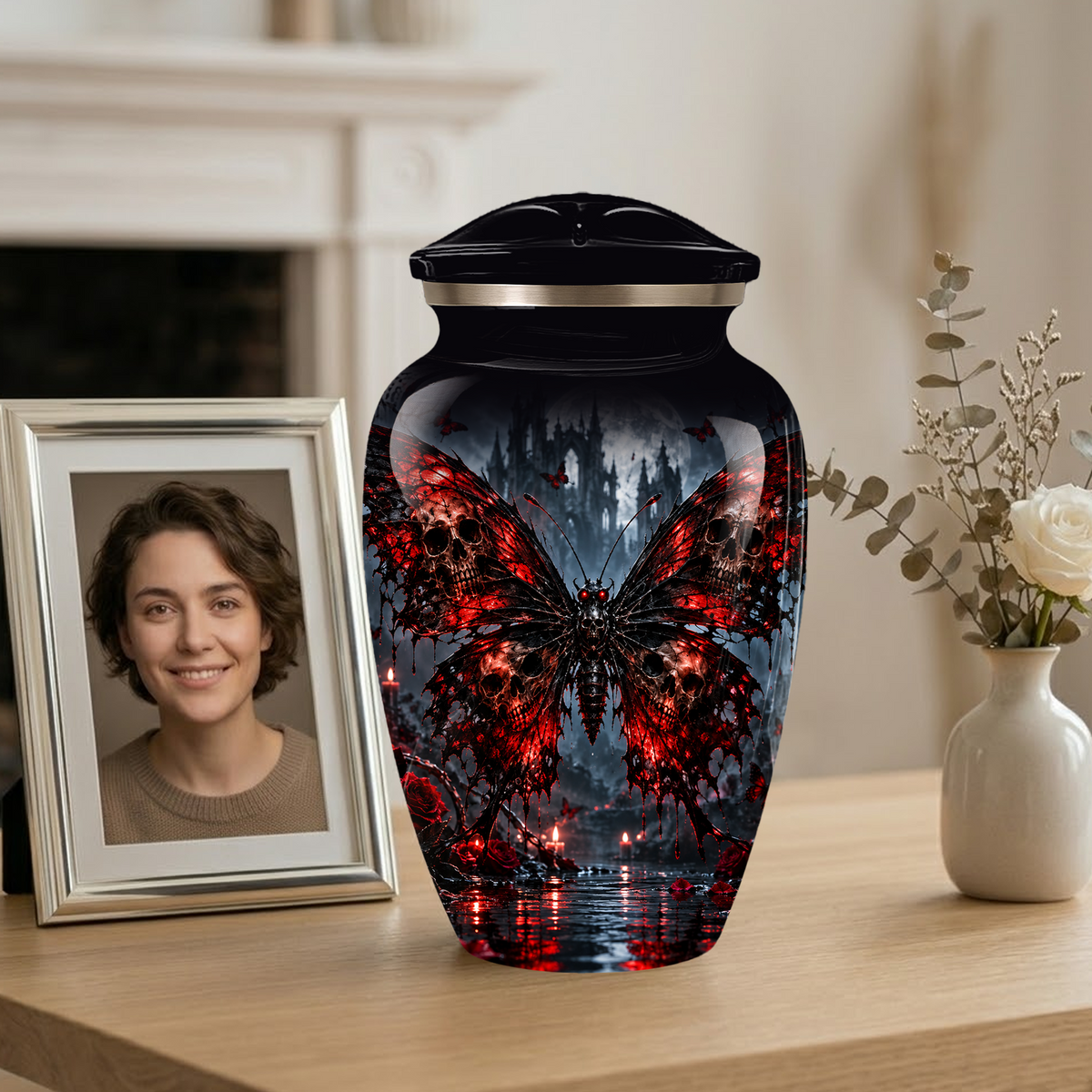 Gothic Butterfly Adult Urn for Ashes – Red & Black Skull Butterfly Cremation Urn for Adults
