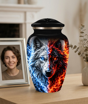 Personalized Adult Cremation Urn for Ashes, Custom Wolf Memorial Urn, Blue and Fire Red Dual Wolf Artwork