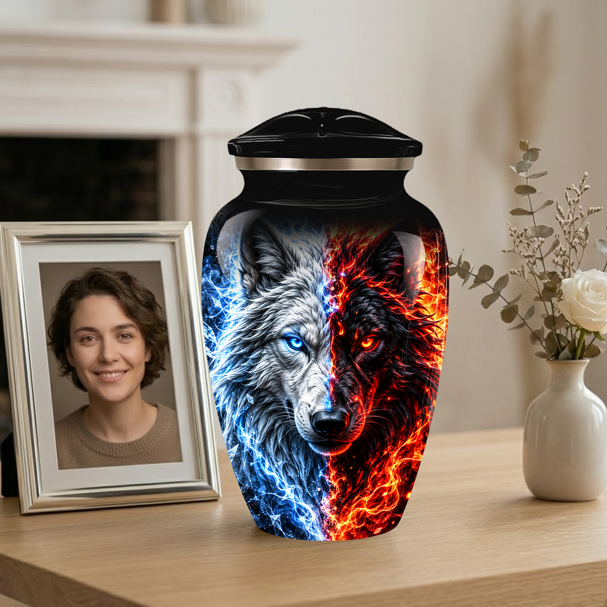 Personalized Adult Cremation Urn for Ashes, Custom Wolf Memorial Urn, Blue and Fire Red Dual Wolf Artwork