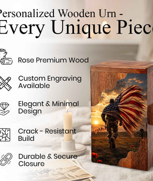 Military Wooden Cremation Urn for Dad | Personalized Veteran Urn for Human Ashes | American Flag Memorial Urn