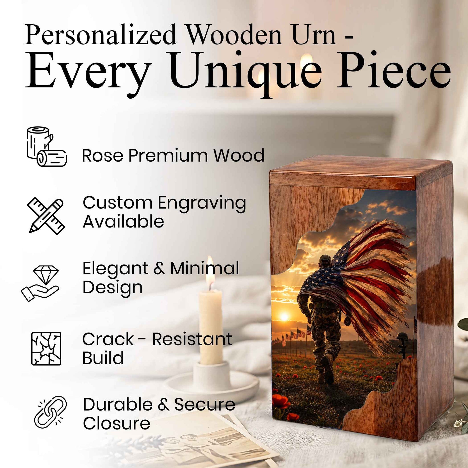 Military Wooden Cremation Urn for Dad | Personalized Veteran Urn for Human Ashes | American Flag Memorial Urn