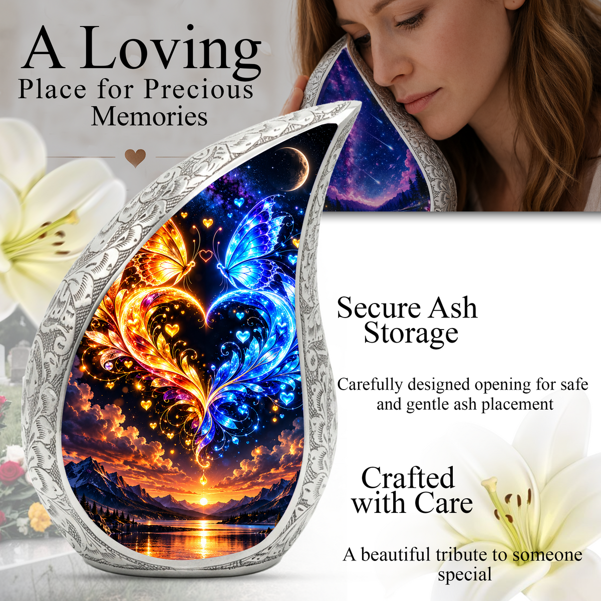 Butterfly Adult Urn for Ashes, Blue and Gold Butterfly Cremation Urn for Human Ashes