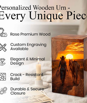Western Wooden Cremation Urn – Cowboy Memorial Urn for Ashes | Sunset Horse Memorial Urn