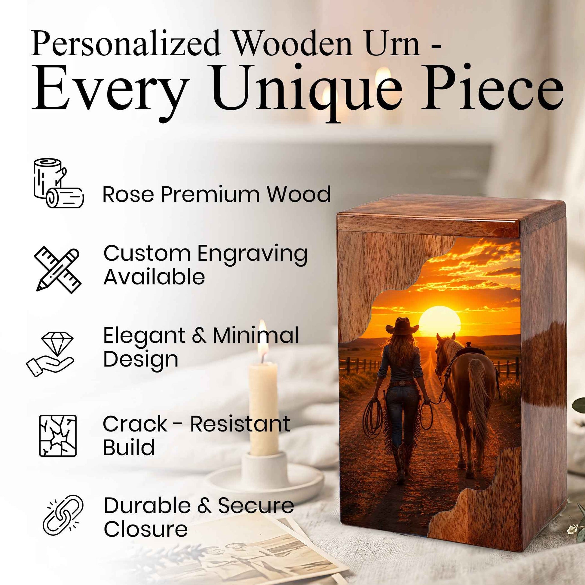Western Wooden Cremation Urn – Cowboy Memorial Urn for Ashes | Sunset Horse Memorial Urn