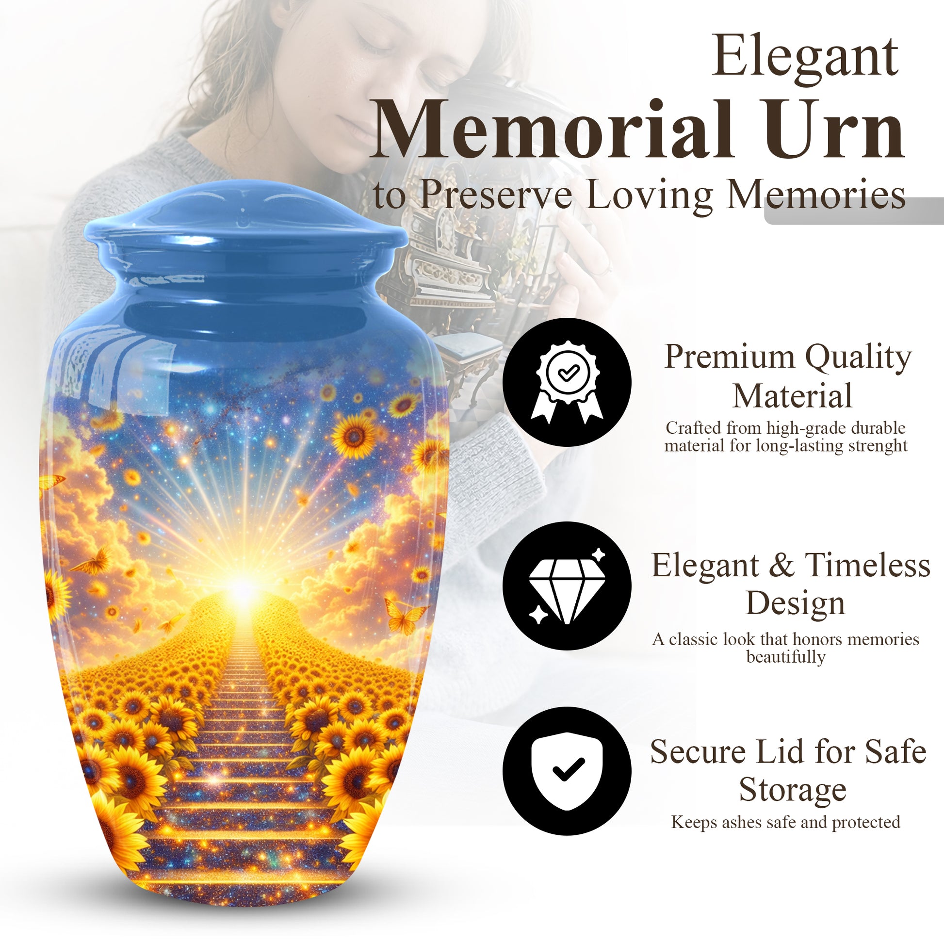 Sunflower Urn for Mom, Adult Female Large Urn for Ashes