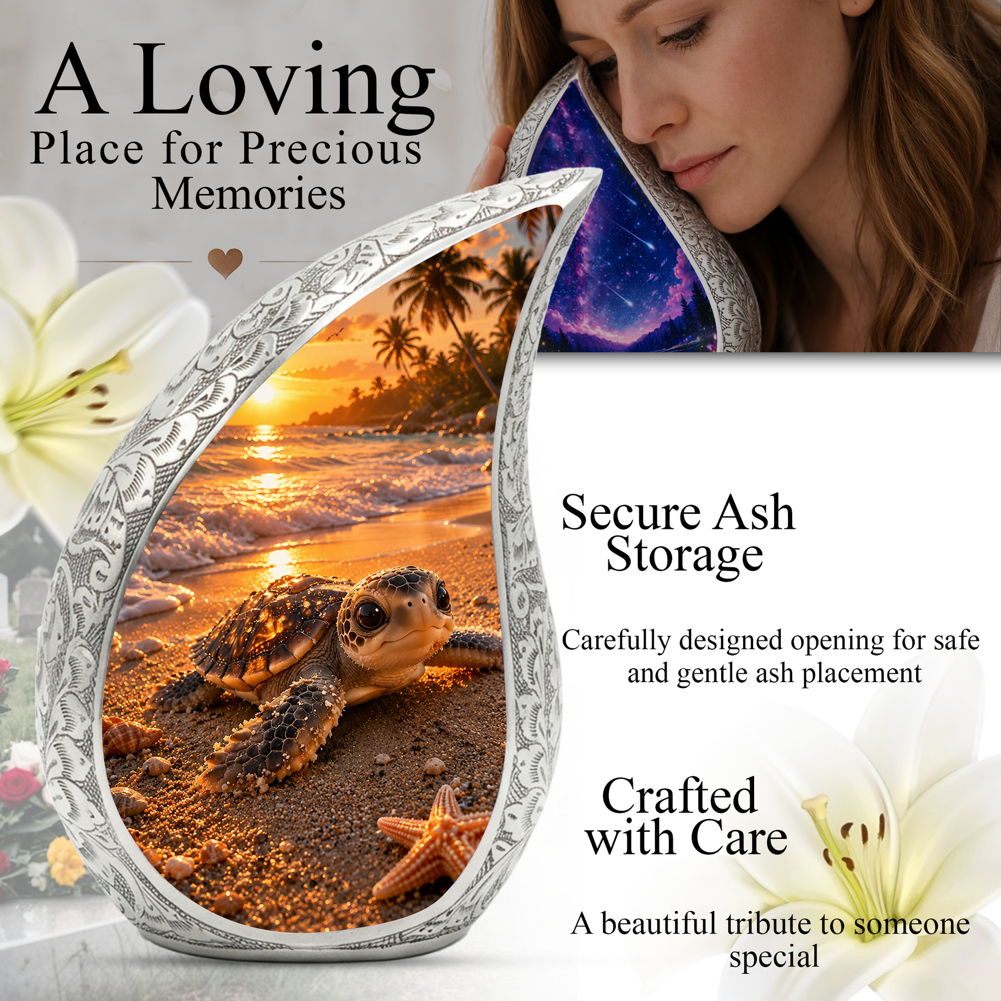 Baby Turtle Beach Urn for Human Ashes | Ocean Wave Wooden Cremation Urn