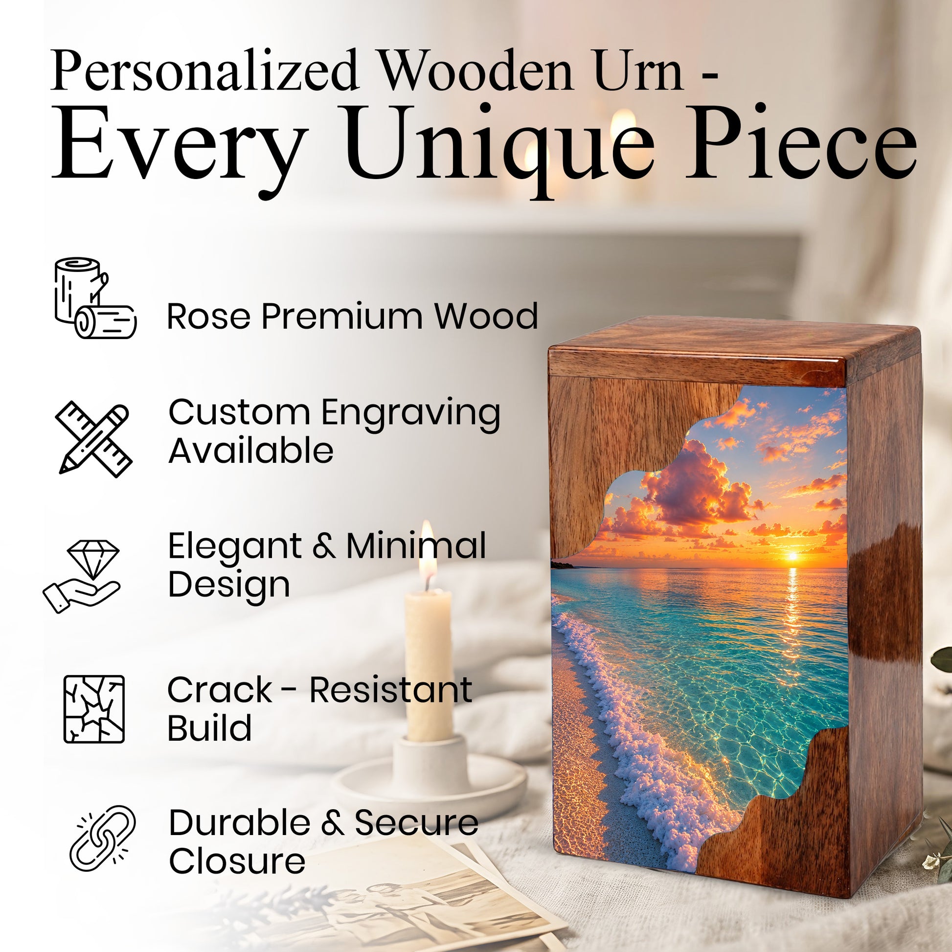 Sunset Beach Wooden Cremation Urn – Personalized Memorial Urn for Human Ashes |