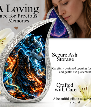 Wolf Warrior Cremation Urn for Ashes, Blue Wolf keepsake Adult Urn