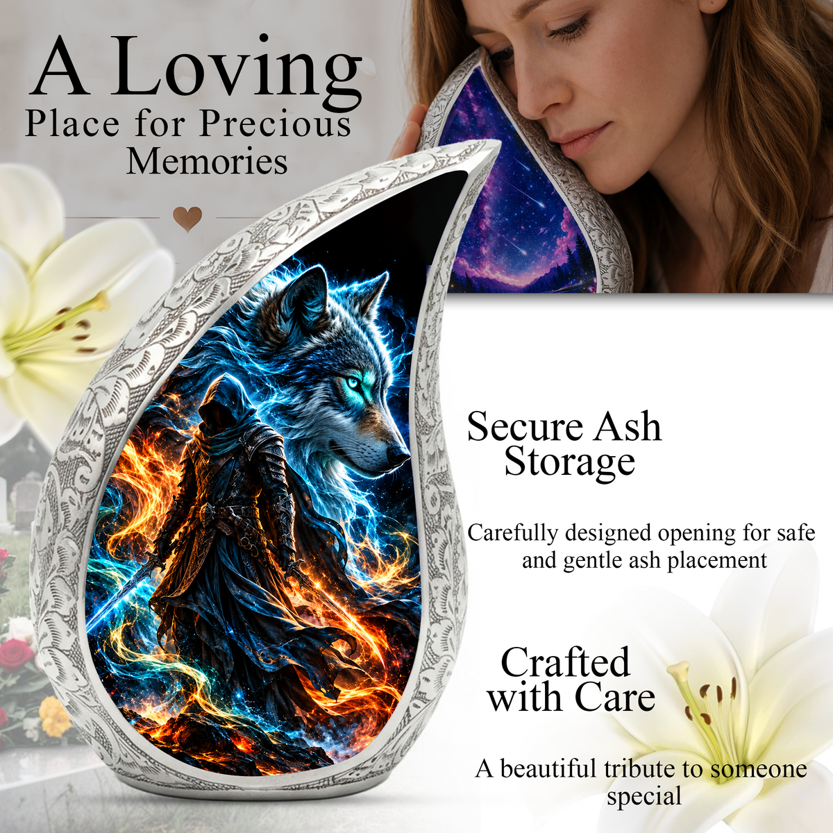 Wolf Warrior Cremation Urn for Ashes, Blue Wolf keepsake Adult Urn
