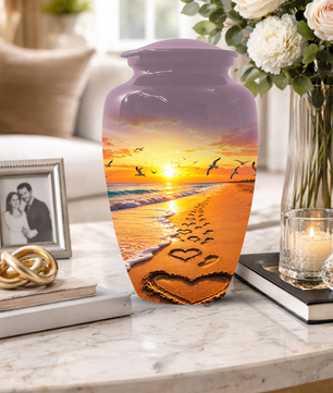 Beach Scene Urn For Ashes - Customizable Ocean Themed Heart Cremation Urns For Adults