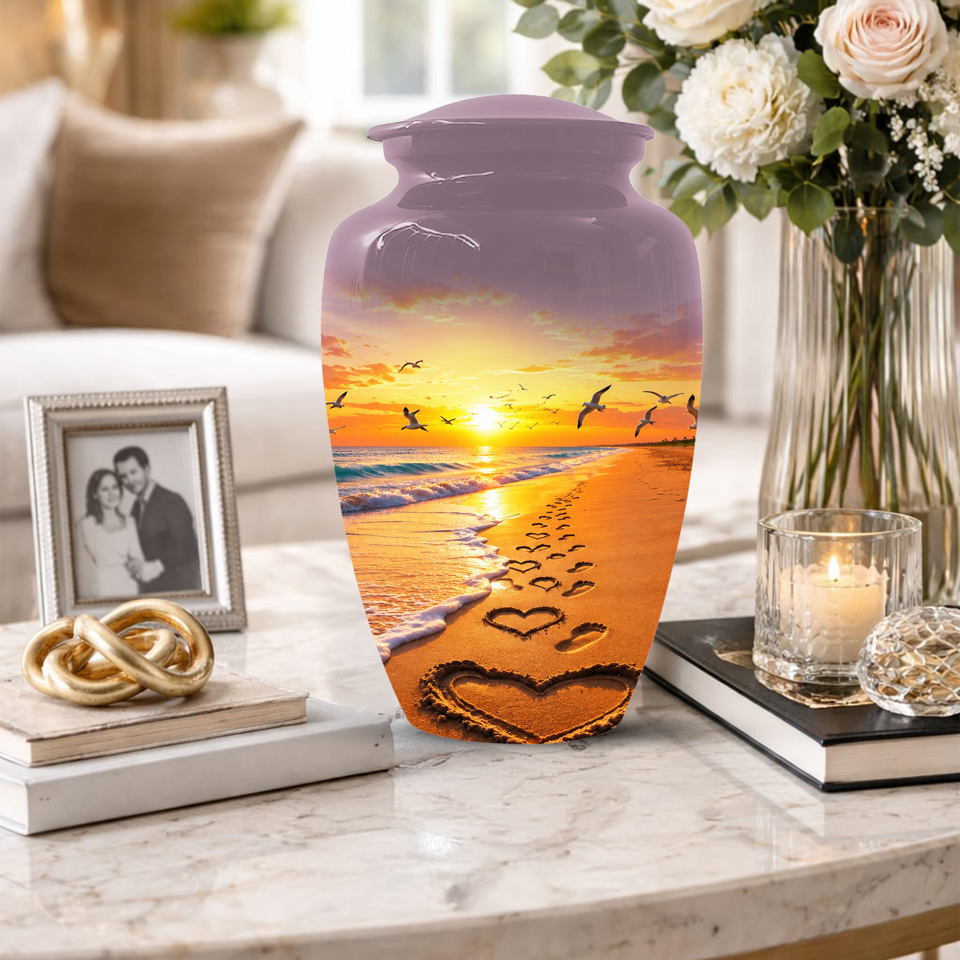 Beach Scene Urn For Ashes - Customizable Ocean Themed Heart Cremation Urns For Adults