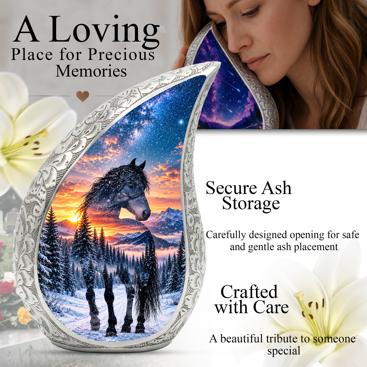 Horse Adult Urn for Ashes, Black Horse Cremation Urn for Human Ashes