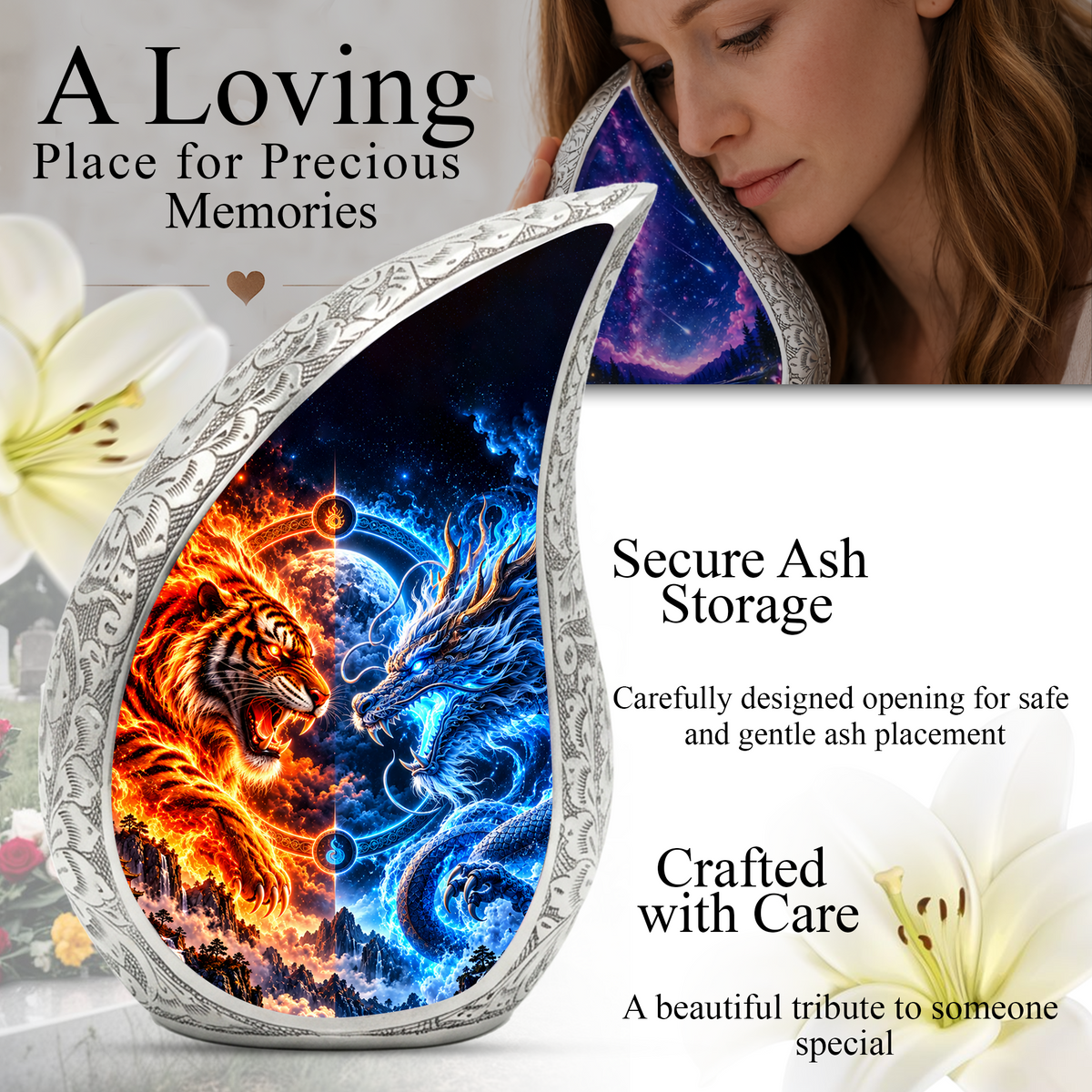 Tiger and Dragon Cremation Urn for Ashes, Fire and Ice Memorial Urn
