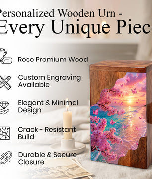 Cherry Blossom Beach Wooden Cremation Urn – Butterfly Memorial Urn for Human Ashes