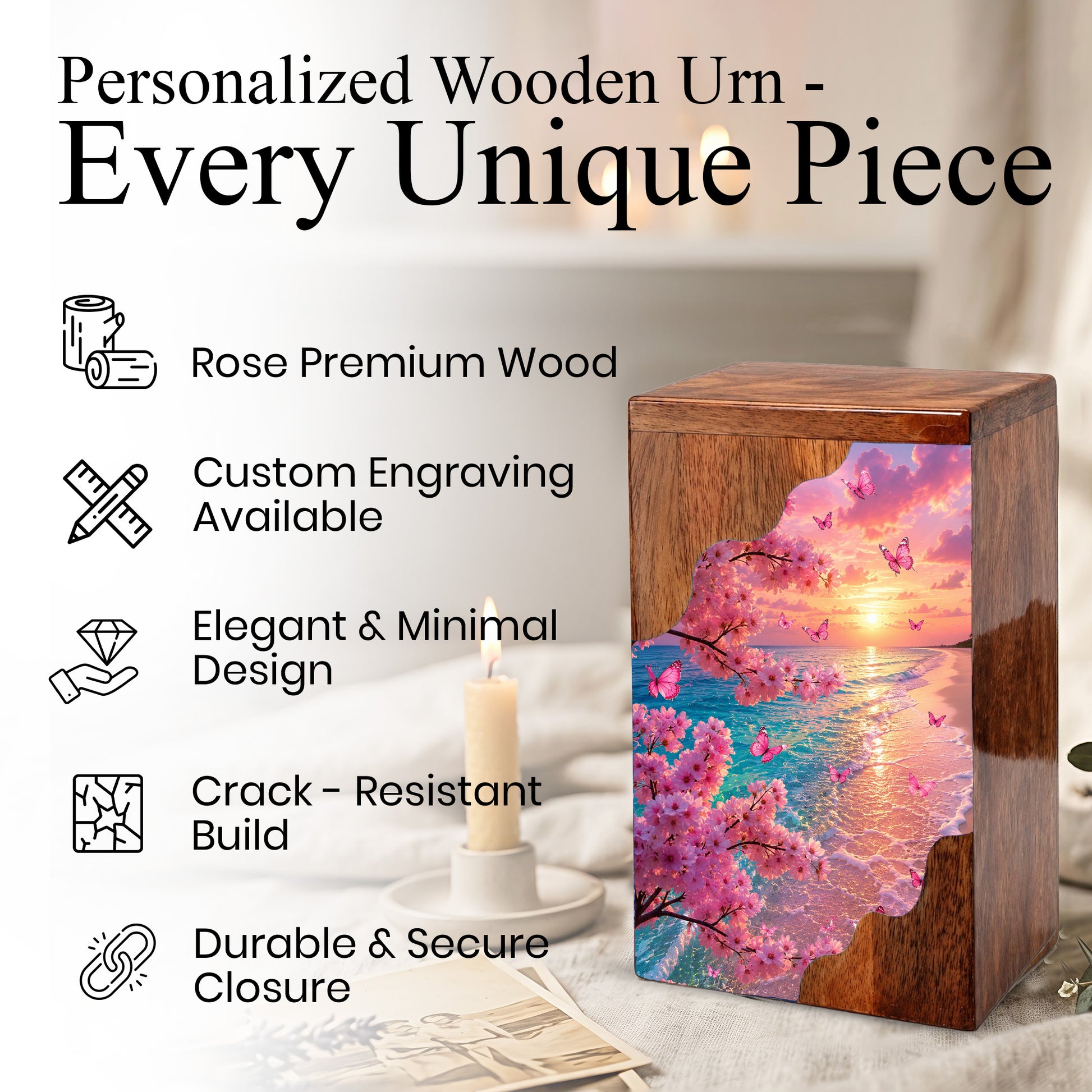 Cherry Blossom Beach Wooden Cremation Urn – Butterfly Memorial Urn for Human Ashes