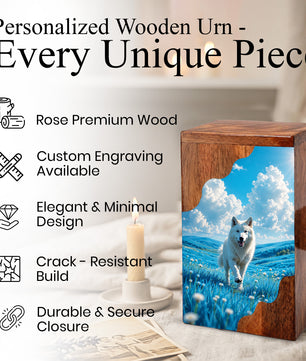 White Dog Wooden Cremation Urn – Personalized Pet Memorial Urn for Dog Ashes