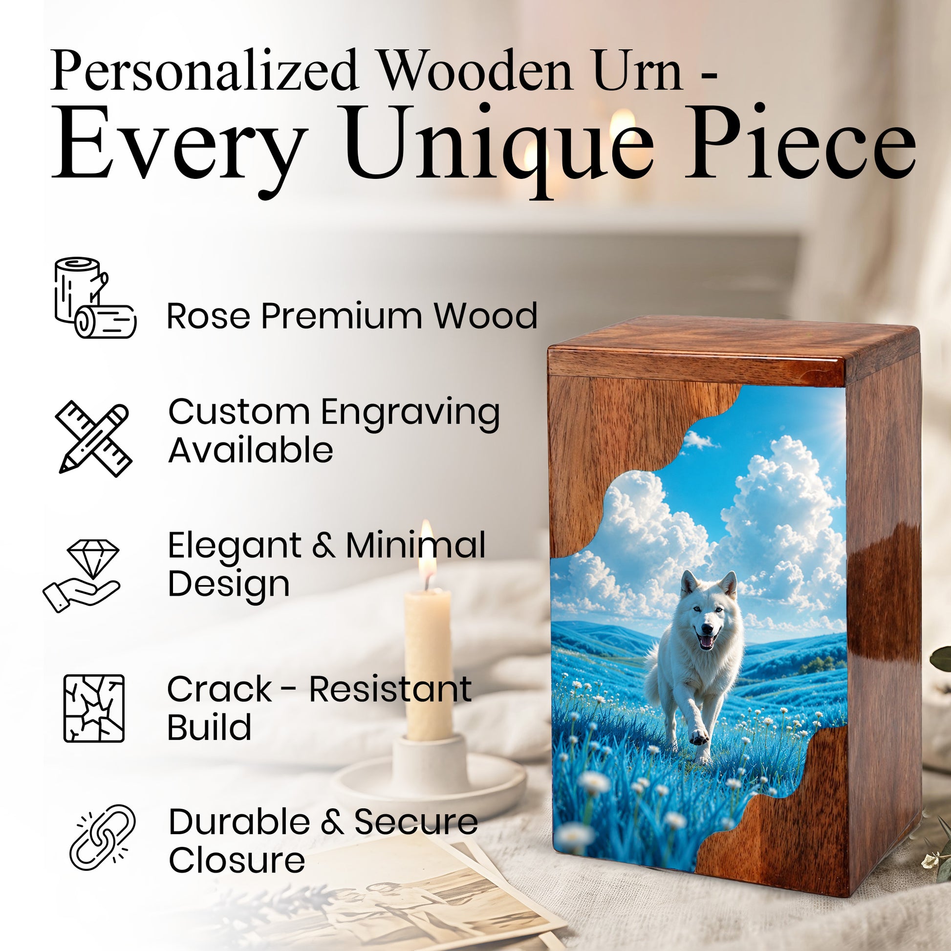 White Dog Wooden Cremation Urn – Personalized Pet Memorial Urn for Dog Ashes