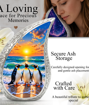 Penguin Cremation Urn for Ashes, Beach Sunset Memorial Urn, Adult Aluminum Cremation Urn