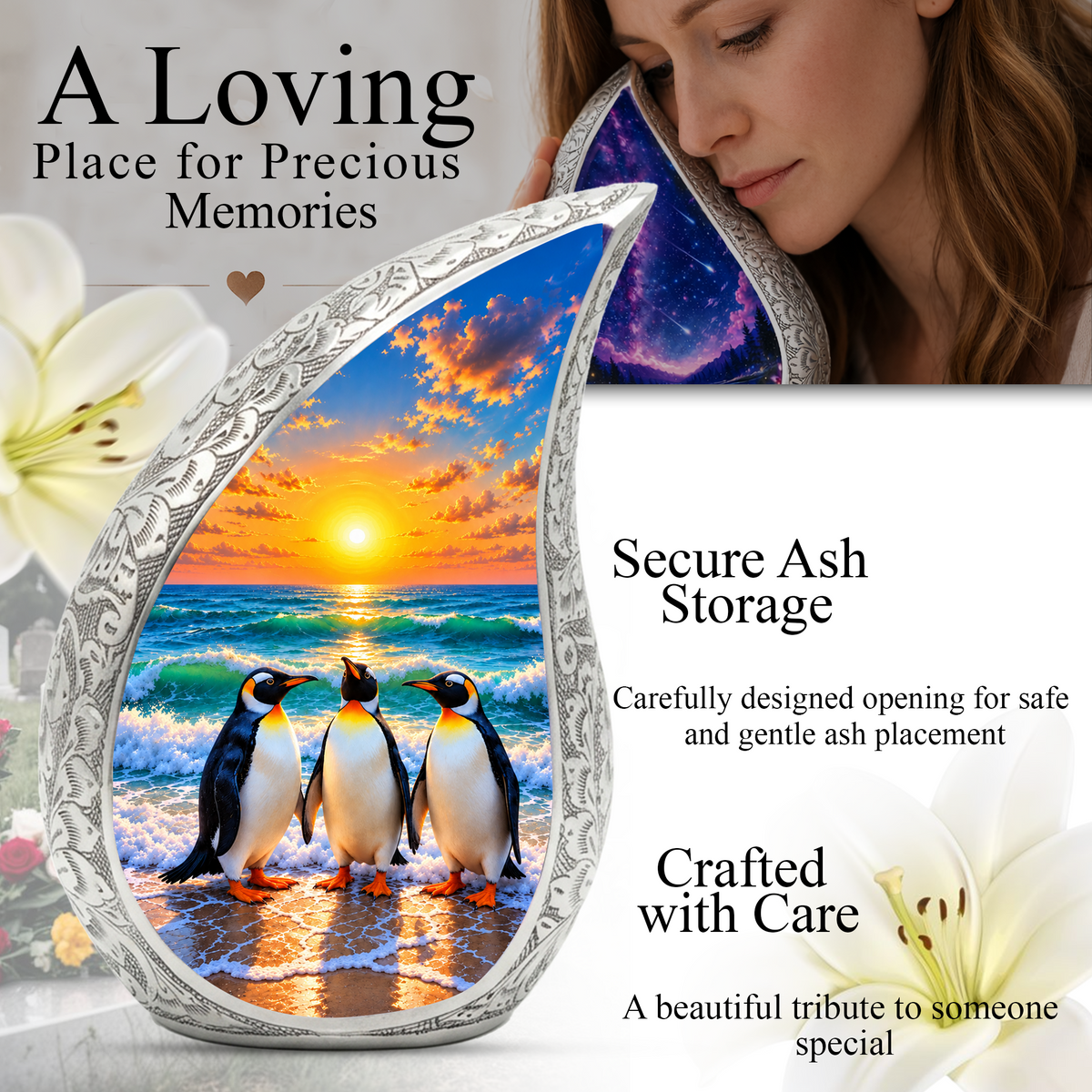 Penguin Cremation Urn for Ashes, Beach Sunset Memorial Urn, Adult Aluminum Cremation Urn