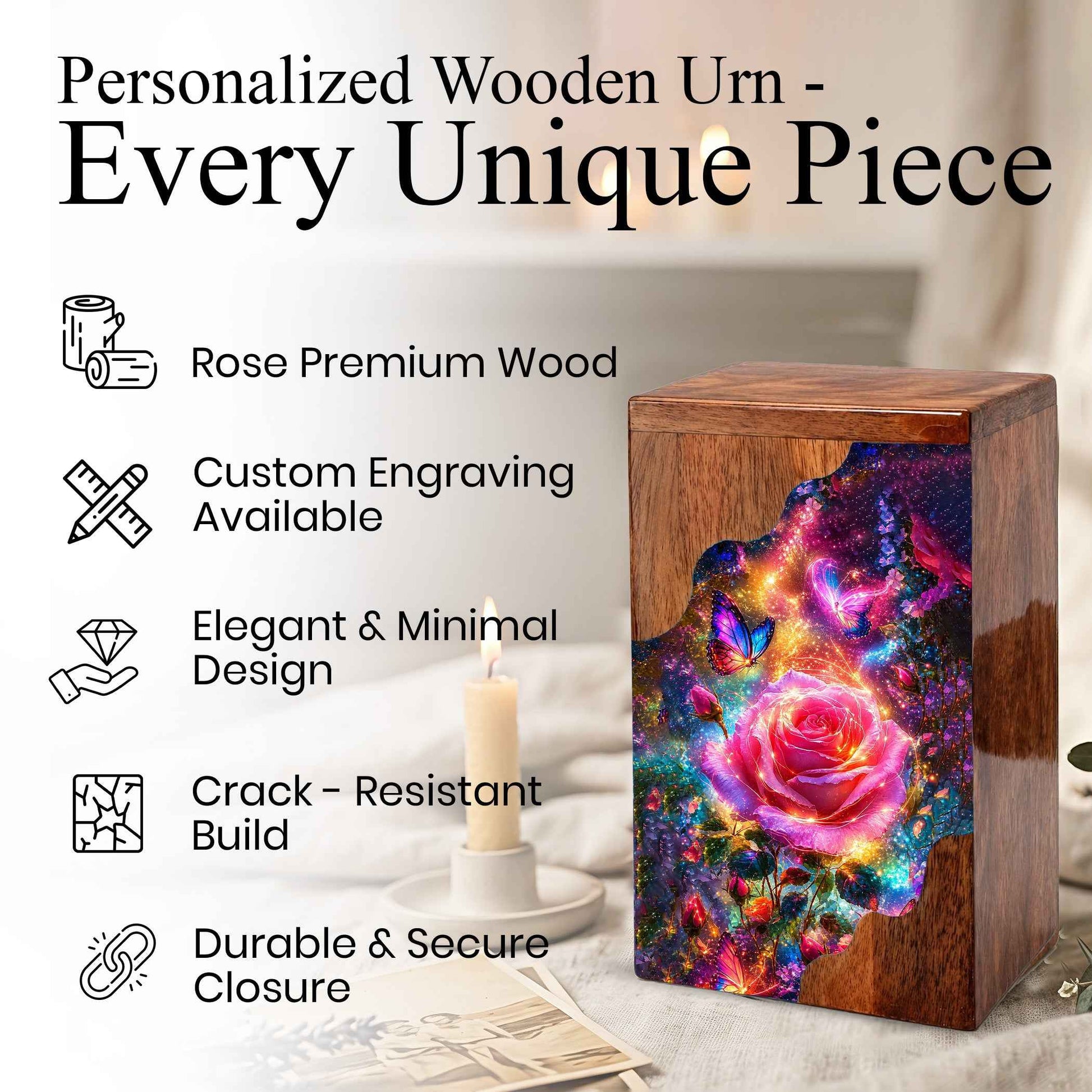 Rose Butterfly Wooden Cremation Urn for Human Ashes