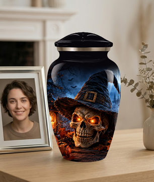 Halloween Skull Adult Urn for Ashes – Gothic Witch Hat Cremation Urn for Adults