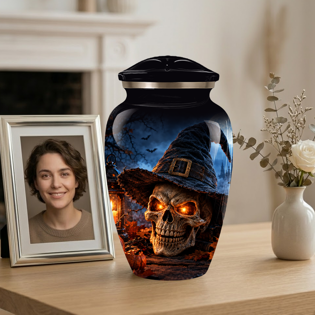 Halloween Skull Adult Urn for Ashes – Gothic Witch Hat Cremation Urn for Adults