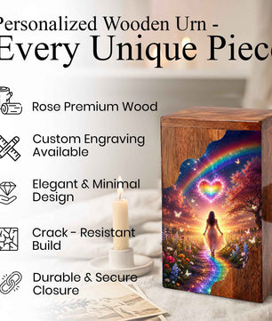 Rainbow Heart Wooden Cremation Urn – Celestial Rainbow Memorial Wooden Urn for Human Ashes