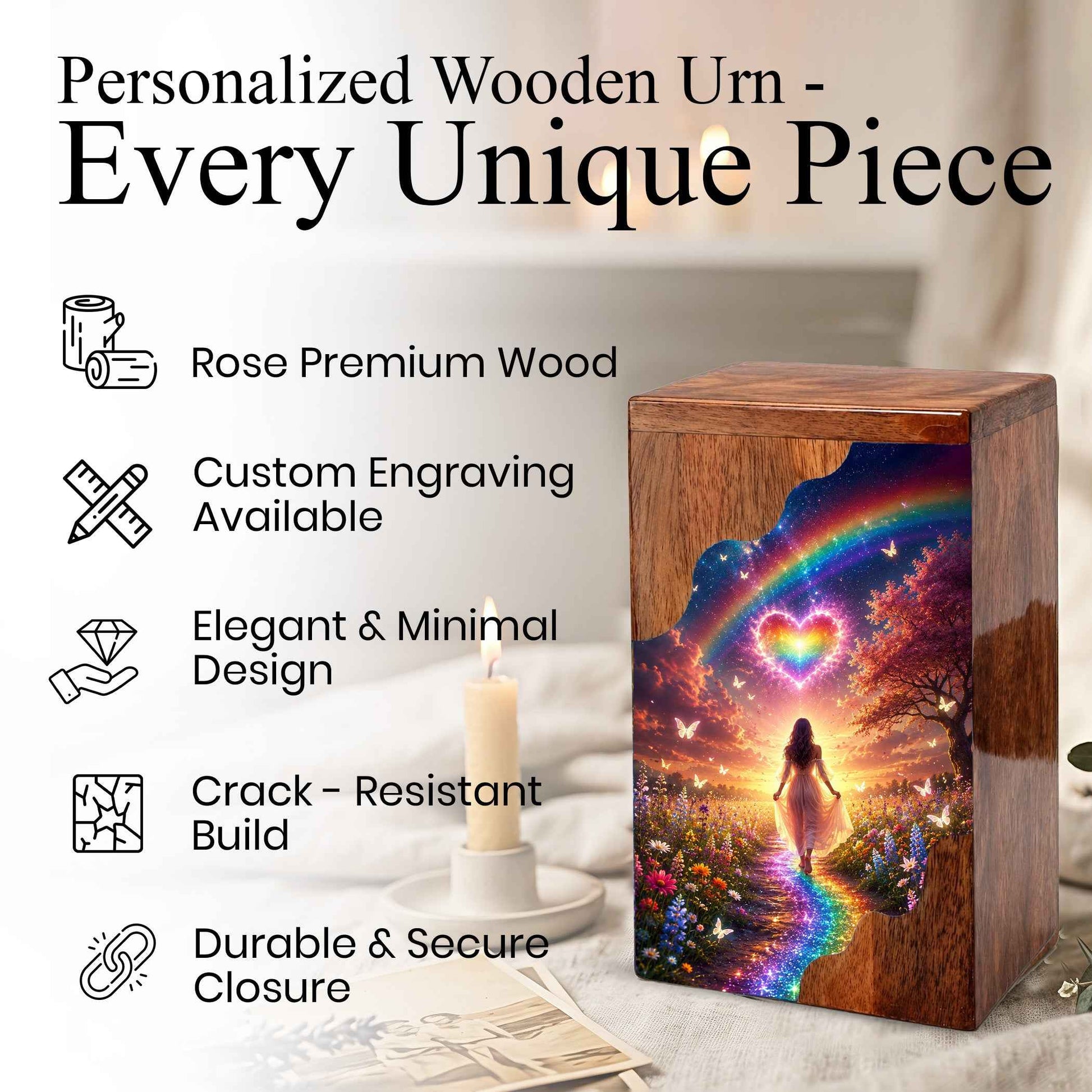 Rainbow Heart Wooden Cremation Urn – Celestial Rainbow Memorial Wooden Urn for Human Ashes
