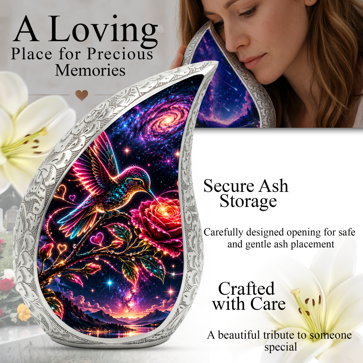Hummingbird Adult Urn for Ashes, Hummingbird and Rose Cremation Urn for Human Ashes