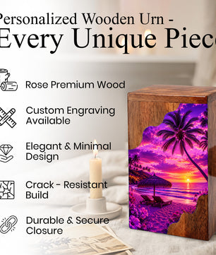 Tropical Sunset Wooden Cremation Urn – Beach Memorial Urn for Human Ashes