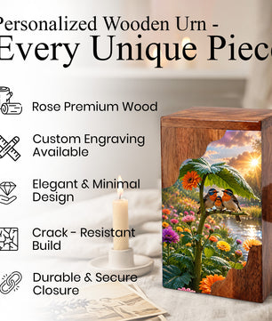 Family Birds Wooden Cremation Urn – Personalized Memorial Urn for Human Ashes