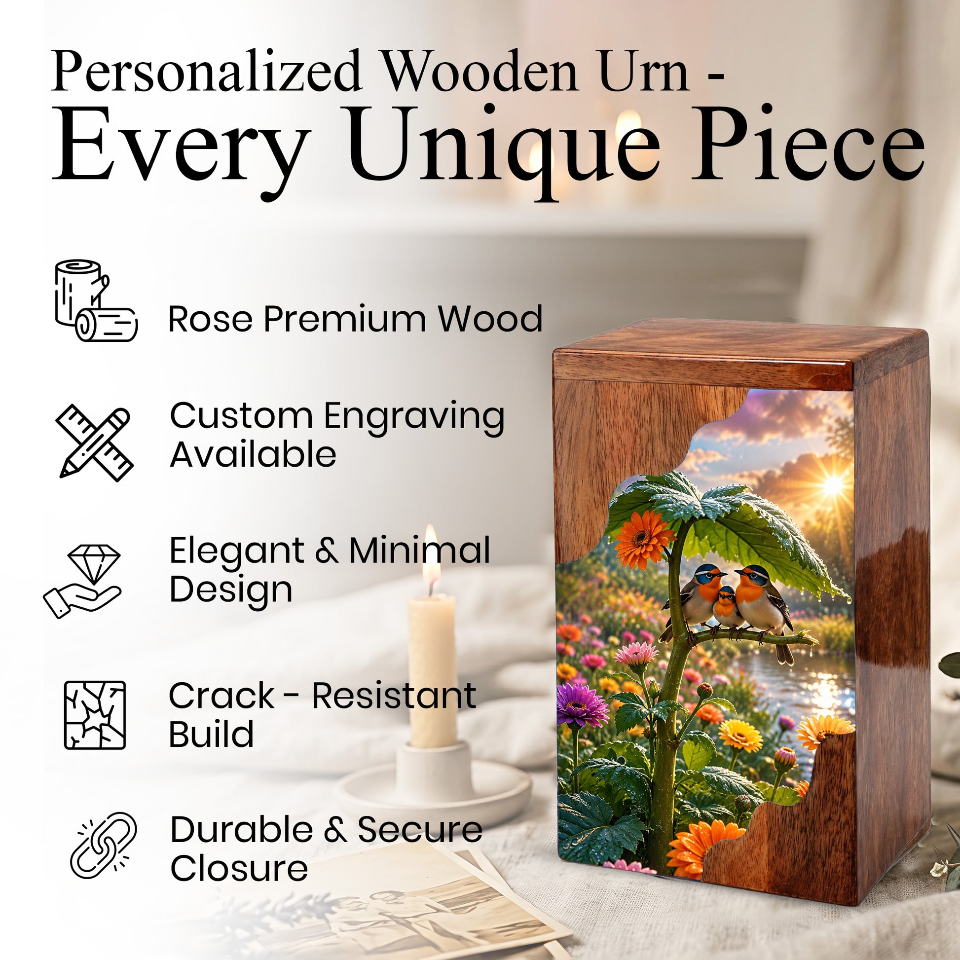 Family Birds Wooden Cremation Urn – Personalized Memorial Urn for Human Ashes
