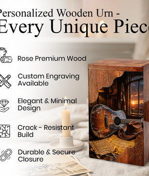 Music Wooden Cremation Urn – Guitar Memorial Urn | Rustic Wooden Urn for Human Ashes