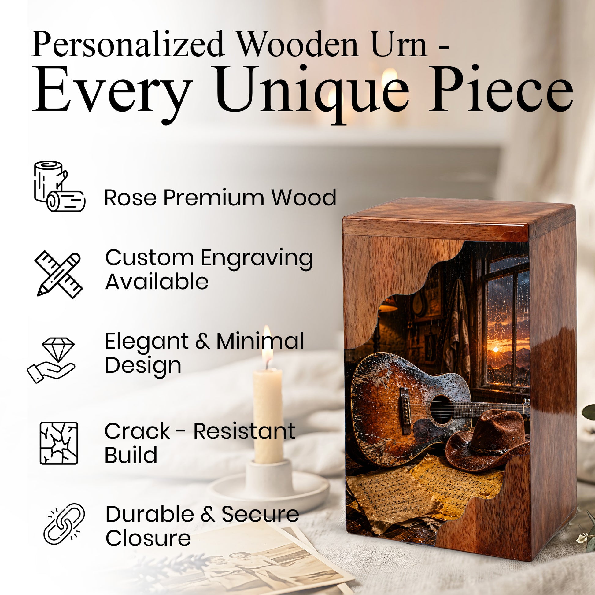 Music Wooden Cremation Urn – Guitar Memorial Urn | Rustic Wooden Urn for Human Ashes