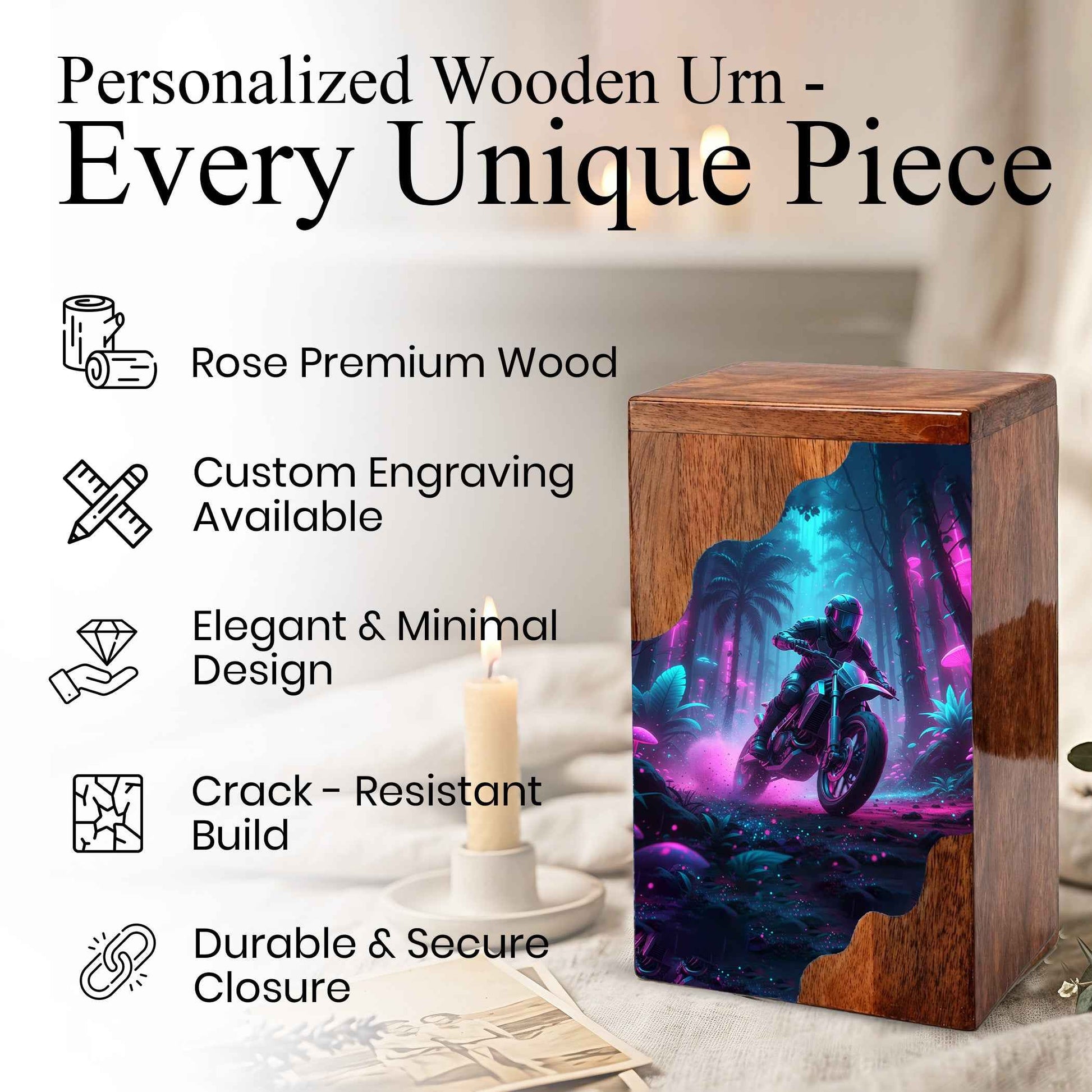 Personalized Wooden Cremation Urn – Adventure Motorcycle Memorial Urn