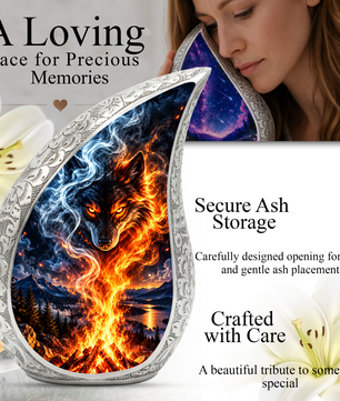 Wolf Cremation Urn for Ashes, Fire and Ice Wolf Adult Memorial Urn