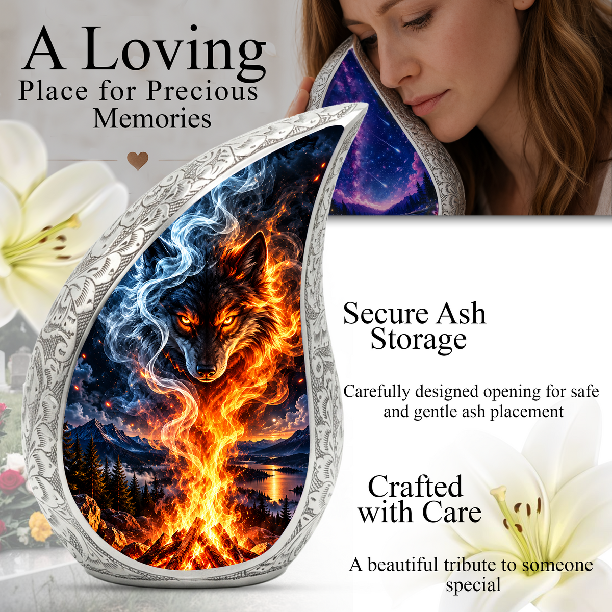 Wolf Cremation Urn for Ashes, Fire and Ice Wolf Adult Memorial Urn