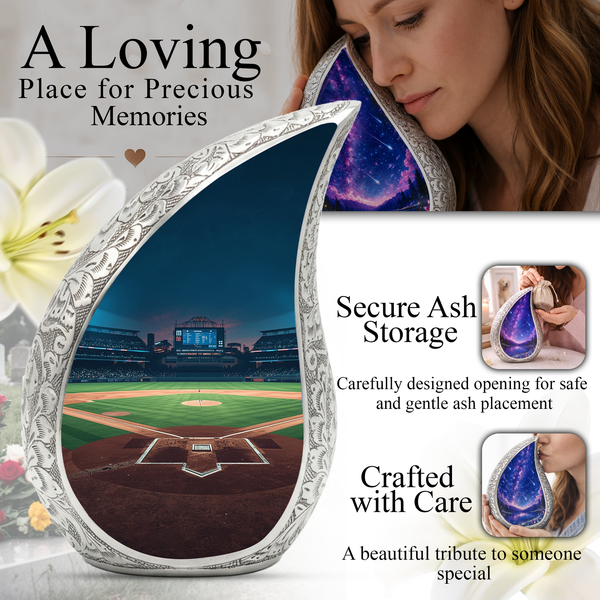 Baseball Personalized Cremation Urn for Dad – Teardrop Style Aluminum Memorial Urn, 10 Inch