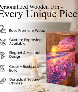 Pink Butterfly Beach Wooden Cremation Urn – Wooden Urn for Human Ashes